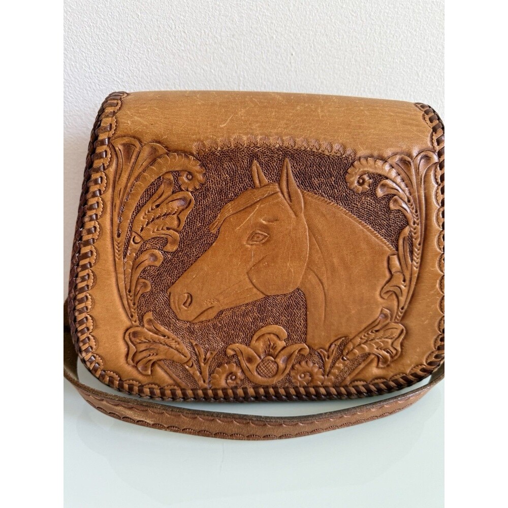 Vintage Tooled Leather Horse Crossbody Bag Hand Carved Western Boho Purse